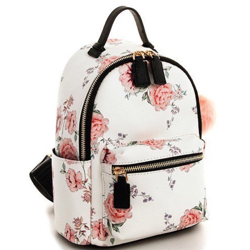 White/Black Floral Mini Bacpack - Picture 1 of 6